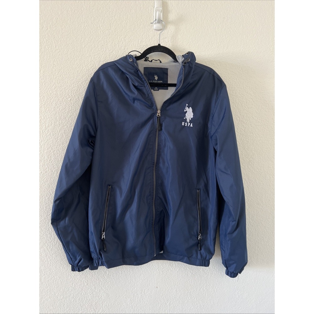 US Polo Assn Hooded Jacket Size M Full Zip Blue Windbreaker